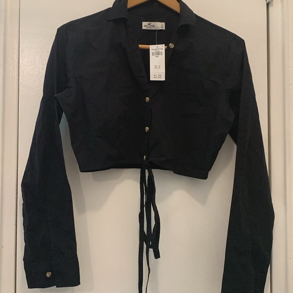 Brand New Poplin crop wrap cotton shirt with waist tie - set of 2 black white S - Picture 4 of 7